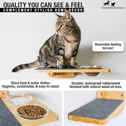 Cat Wall Shelves – Cat Wall Climber with Cat Scratch Post, Removable Bed, Climbing Steps, and Feeding Terrace with Glass Bowls, Waterproof Rubberwood Pet Furniture