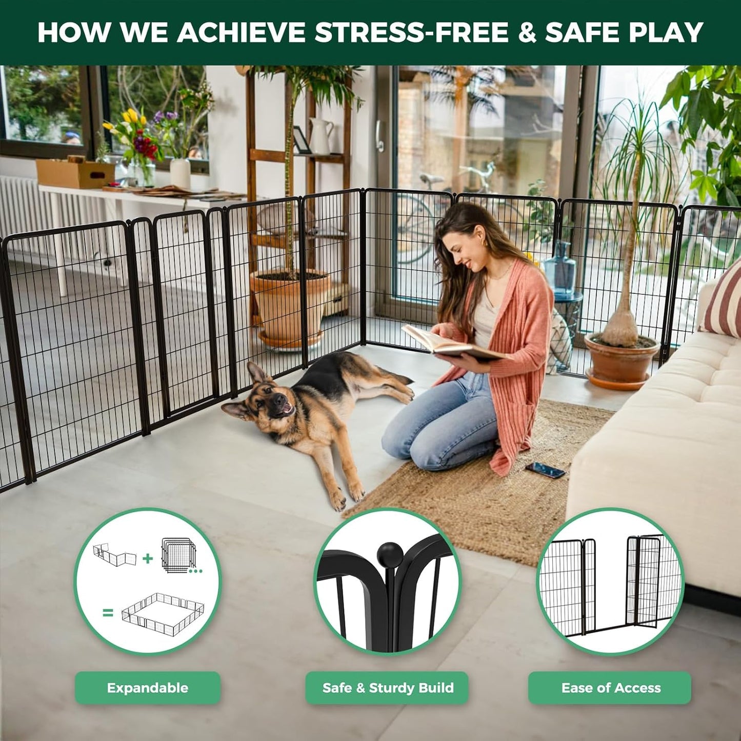 FXW Homeplus Unleashed Indoor Dog Playpen - Stress-Free and Safe Play, Heavy Duty 45 Inch 12 Wire Panels Dog Pen for Large Dogs, Black│Patented