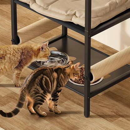 4in1 Cat Furniture Stand with Cat Scratching Post, Cat Food Bowls, Cats Bed Platform, Cats Food Storage Organizer, All in One Pet Furniture for Small Space (Black)