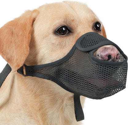 LUCKYPAW Dog Muzzle for Large Medium Small Dogs, Patented Mesh Muzzle to Prevent Biting Chewing Eating, Soft Mouth Guard with Front Opening Design for Drinking Panting(Black, M)