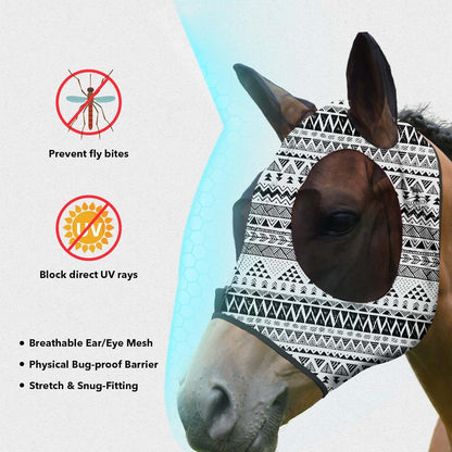 Harrison Howard Super Comfort Stretchy Fly Mask Large Eye Space with UV Protection Soft on Skin with Breathability Doodle Aztec Full Size