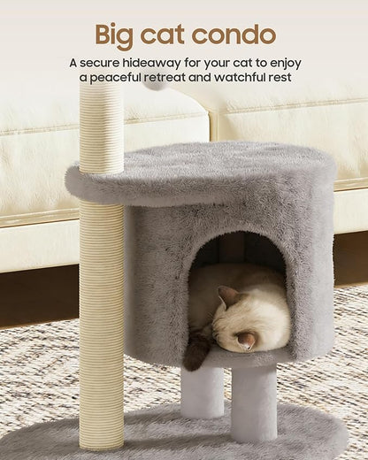 Cat Tree, 34.3 Inches Cat Tower with Scratching Post, Condo, Interactive Hanging Ball, Plush Perch for Indoor Large Cats, Gray