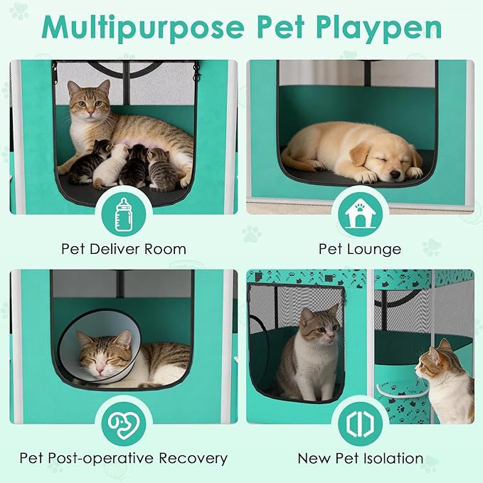 Cat Playpen - Portable Dog Playpen with Litter Box, Foldable Soft Dog Crate for Indoor/Outdoor, Pop Up Cat Enclosure, Collapsible Puppy Kitten Rabbit Cage Tent，2-Room