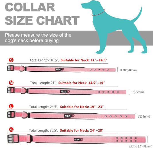 Fida Heavy Duty Dog Collar 1.5” Width, Ultra Soft Neoprene Padded, Adjustable Reflective Nylon Pet Collar with Two Metal Pin Belt Buckle for Large/X-Large Breeds (XL, Pink)