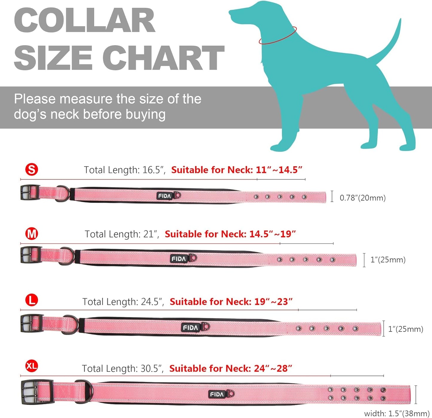 Fida Heavy Duty Dog Collar, Ultra Comfortable Soft Neoprene Padded, Adjustable Reflective Nylon Pet Collar with Durable Metal Belt Buckle for Large Breeds (L, Pink)