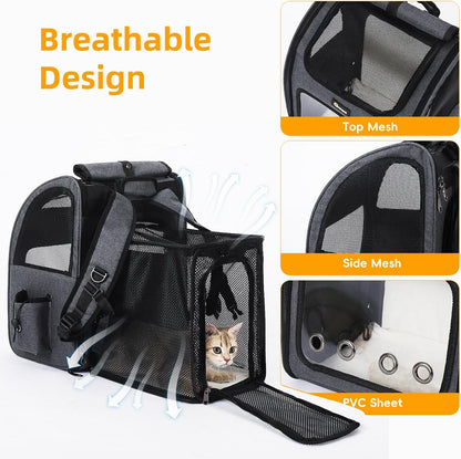 Hoopet Expandable Cat Backpack Carrier – Breathable Pet Carrier for Small Cats & Dogs, Foldable Travel Backpack with Mesh Ventilation for Hiking, Walking, Camping, Dark Grey