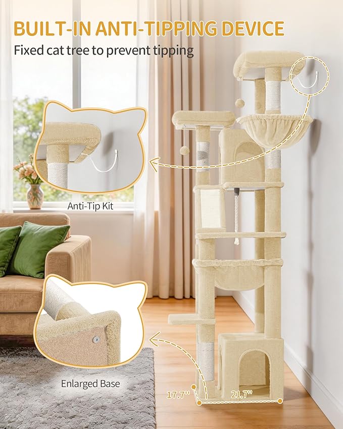 Large Cat Tree, 72 Inch Tall Indoor Cat Tower for 6 Large Cats, Corner Climbing Activity Pet Condo with 2 Large Platforms/2 Cats House/6 Scratching Post/1 Hanging Basket, Beige MS18318YG