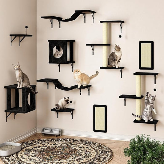 NUNU LAB Wall Mounted Cat Wall Shelves, 10-in-1 Cat Wall Climber with Kitten House, Bridge, Steps, Scratcher, Indoor Space-Saving Furniture for Kittens Play, Black