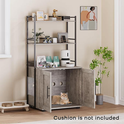Cat Litter Box Enclosure, Hidden Litter Box Furniture with 3 Storage Shelves and Doors, Rustic Indoor Cat Cabinet, Multi-Functional Storage for Food, Cats Toilet Furniture