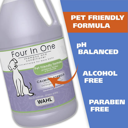Wahl USA 4-in-1 Calming Pet Shampoo for Dogs with a Lavender Chamomile Scent – Cleans, Conditions, Detangles, & Moisturizes - Pet Friendly Formula – 64 Oz - Model 821000-050
