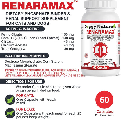 RENARAMAX Dietary Phosphate Binder and Renal Support Supplement for Cats and Dogs Count (Made in U.S.A) (60 Caps)