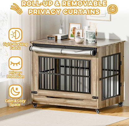 42" Large Dog Crate Furniture, Double Door Wooden Indoor Dog Kennel Furniture, Decorative Pet Cage End Table with Wheels for Large Breed Dogs, Size XL, Rustic Brown