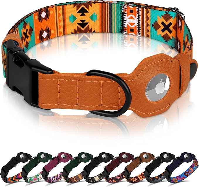 AirTag Dog Collar with Metal Buckle - Printed Nylon Soft Leather Dog Collar with Apple AirTag Holder - Secure Tracking GPS Pet Collars for Girl Boy Small Large Dogs (S, 12"-15" Neck Fit, Southwest)