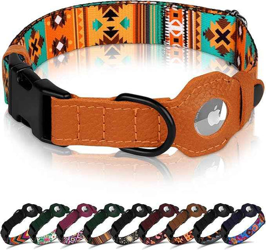 AirTag Dog Collar with Metal Buckle - Printed Nylon Soft Leather Dog Collar with Apple AirTag Holder - Secure Tracking GPS Pet Collars for Girl Boy Small Large Dogs (L, 17"-21" Neck Fit, Southwest)