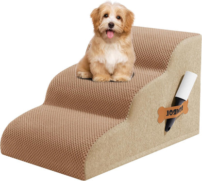 Romrol Dog Stairs Ramp for Beds Couches, Extra Wide Pet Steps with Durable Non-Slip Waterproof Fabric Cover, Dog Slope Stairs for Small Dogs and Cats or Pets Friendly, 3-Tiers, 13 Inch,Light Brown - Pawvie