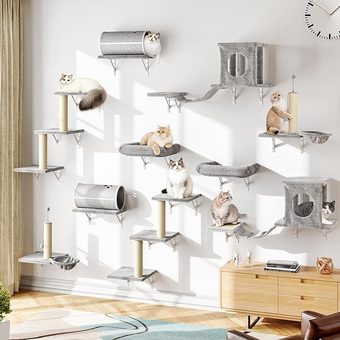 NUNU LAB Wall Mounted Cat Wall Shelves, 14-in-1 Cat Wall Climber with Bridge, Tunnel, House, Scratcher, Steps, Indoor Space-Saving Furniture for Kittens Play, Gray