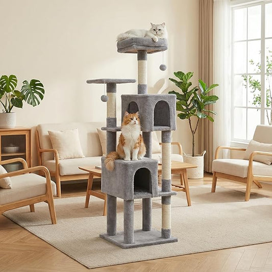 62" Cat Tree for Adult Cats - Multi-Level Tower with 2 Condos, Scratching Posts, Plush Bed & Pompoms, Gray