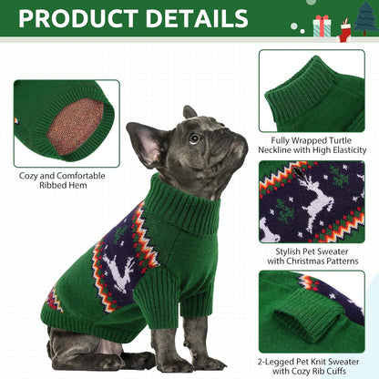 Queenmore Dog Christmas Sweater,Turtleneck Knitted Pullover Xmas Pet Clothes Sweatshirt,Christmas Outfit, Warm Dog Sweaters for Small Dogs Boy Girl,XmasDeer,M