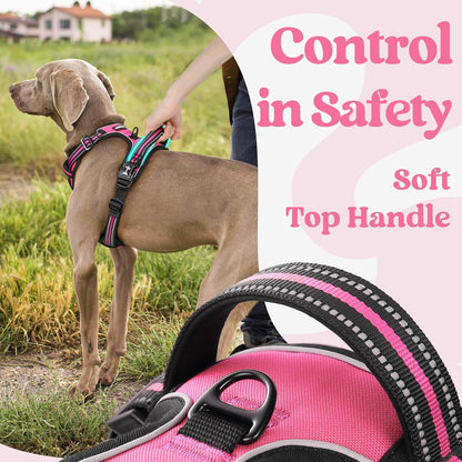 rabbitgoo Dog Harness for Large, No Pull Pet Harness with 3 Buckles, Adjustable Soft Padded Vest with Control Handle, Walking Reflective Pet Vest for Large Dogs, Rose Pink, L