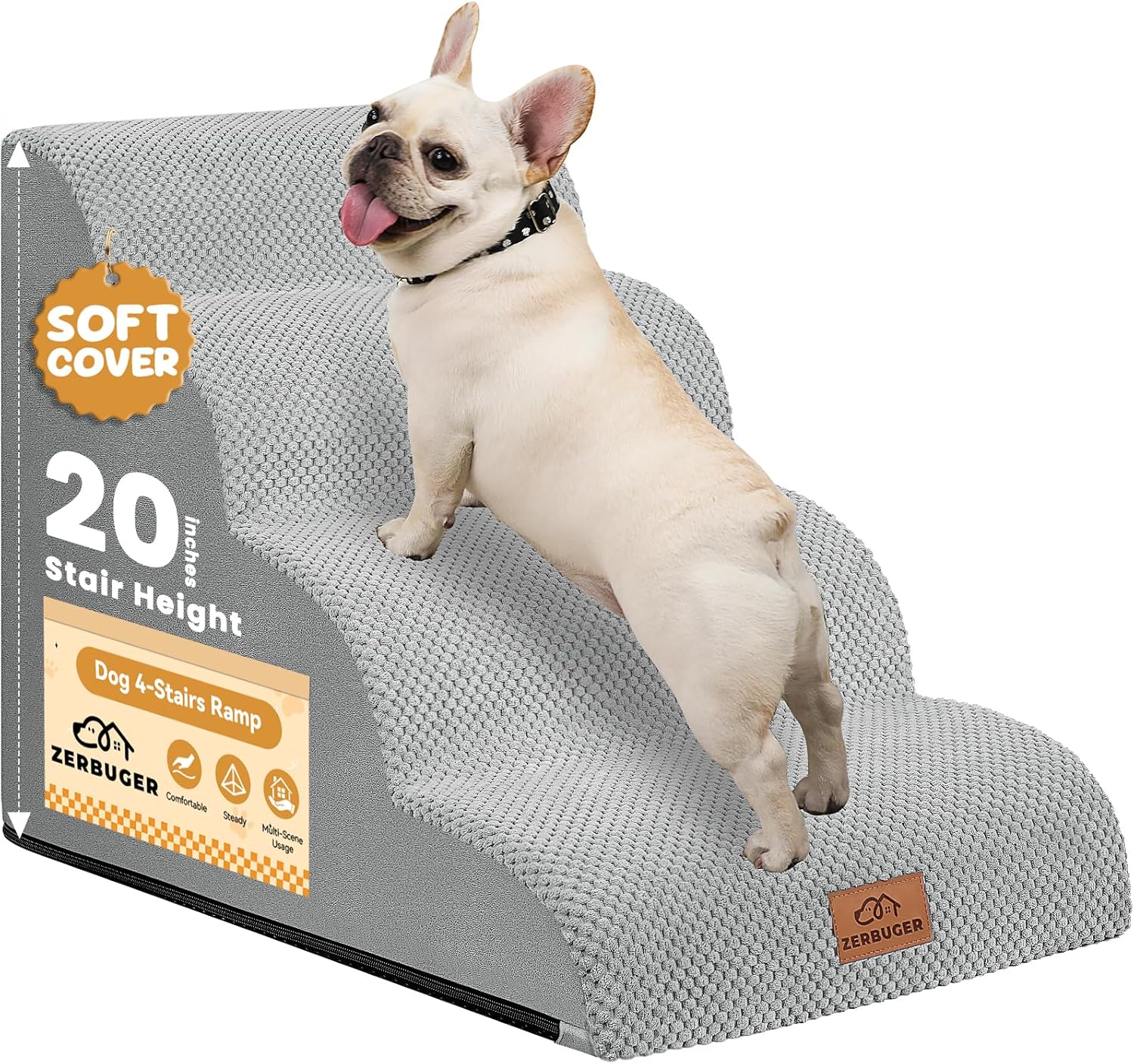 Dog Ramp and Stair for Bed 16" H-20 H,3-Step Cat Stair for Sofa and Chair,4-Step Dog Ramp for High Bed and Window,Durable Nonslip Fabric Cover for Indoor (Light Grey-20 H, Pet Friendly, 4) - Pawvie