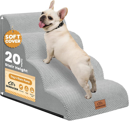 Dog Ramp and Stair for Bed 16" H-20 H,3-Step Cat Stair for Sofa and Chair,4-Step Dog Ramp for High Bed and Window,Durable Nonslip Fabric Cover for Indoor (Light Grey-20 H, Pet Friendly, 4) - Pawvie