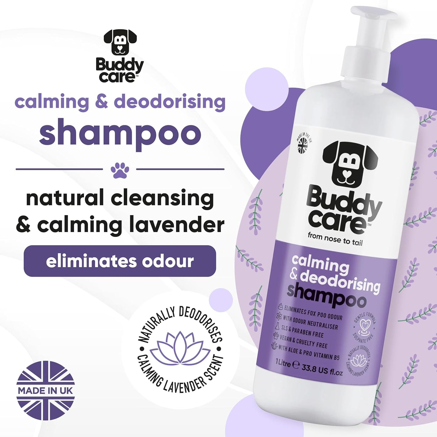 Calming & Deodorising Dog Shampoo by Buddycare | Lavender Scented | with Aloe Vera and Pro Vitamin B5 (33.8oz)
