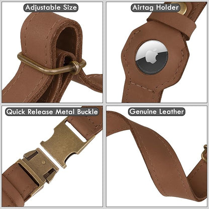AirTag Dog Collar - Genuine Leather Dog Collar with Apple AirTag Holder and Metal Buckle - Smart GPS Tracking Pet Collars (Tawny, XL, 20"-25" Neck Fit)
