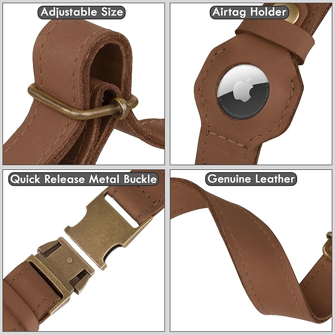 AirTag Dog Collar - Genuine Leather Dog Collar with Apple AirTag Holder and Metal Buckle - Smart GPS Tracking Pet Collars (Tawny, XS, 9"-12" Neck Fit)
