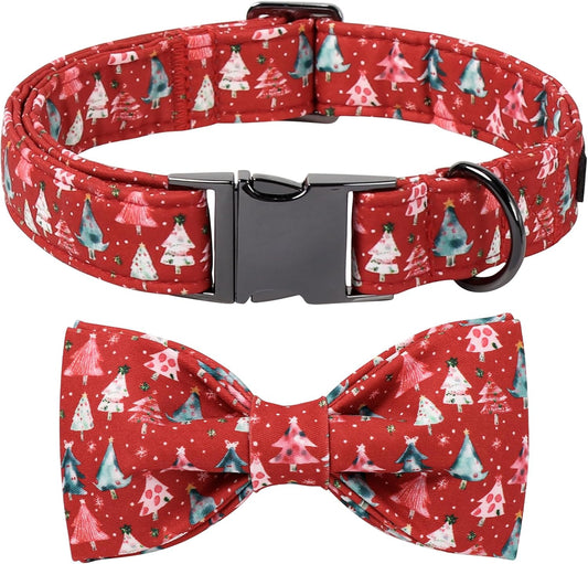 Lionet Paws Christmas Dog Collar with Bow tie,Cute Christmas Tree Red Dog Collar Bow Tie for X-Large Dogs Female, Neck 16-26 inches
