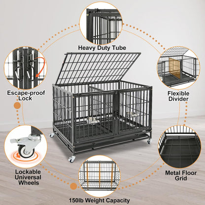 Homey Pet 4 Pack Three Tiers 43 inch Dog Crate with Wheels, Stackable Heavy Duty Indestructible Steel Dog Cage Kennel Indoor with Detachable Divider, Tray, Bowls, Escape Proof Locks