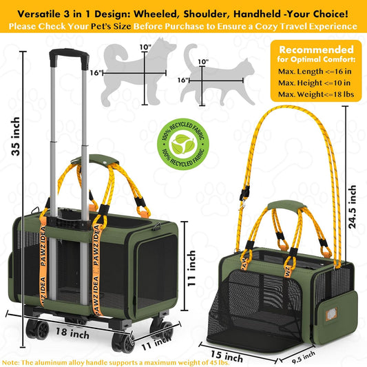 PAWZIDEA Pet Carrier with Wheels, 18x11x11 TSA Airline Approved Cat Carrier for 2 Cats Under Seat, Expandable Soft-Sided Dog Carrier for Small Dogs Rolling Travel Bag with Telescopic Handle, Foldable
