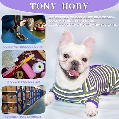 TONY HOBY Dog Pajamas, Knitted Dog Jumpsuit Shirt in Cold Weather, Dogs Surgical Recovery Suit for Small Medium Dogs (Purple&Green, Boy, M)