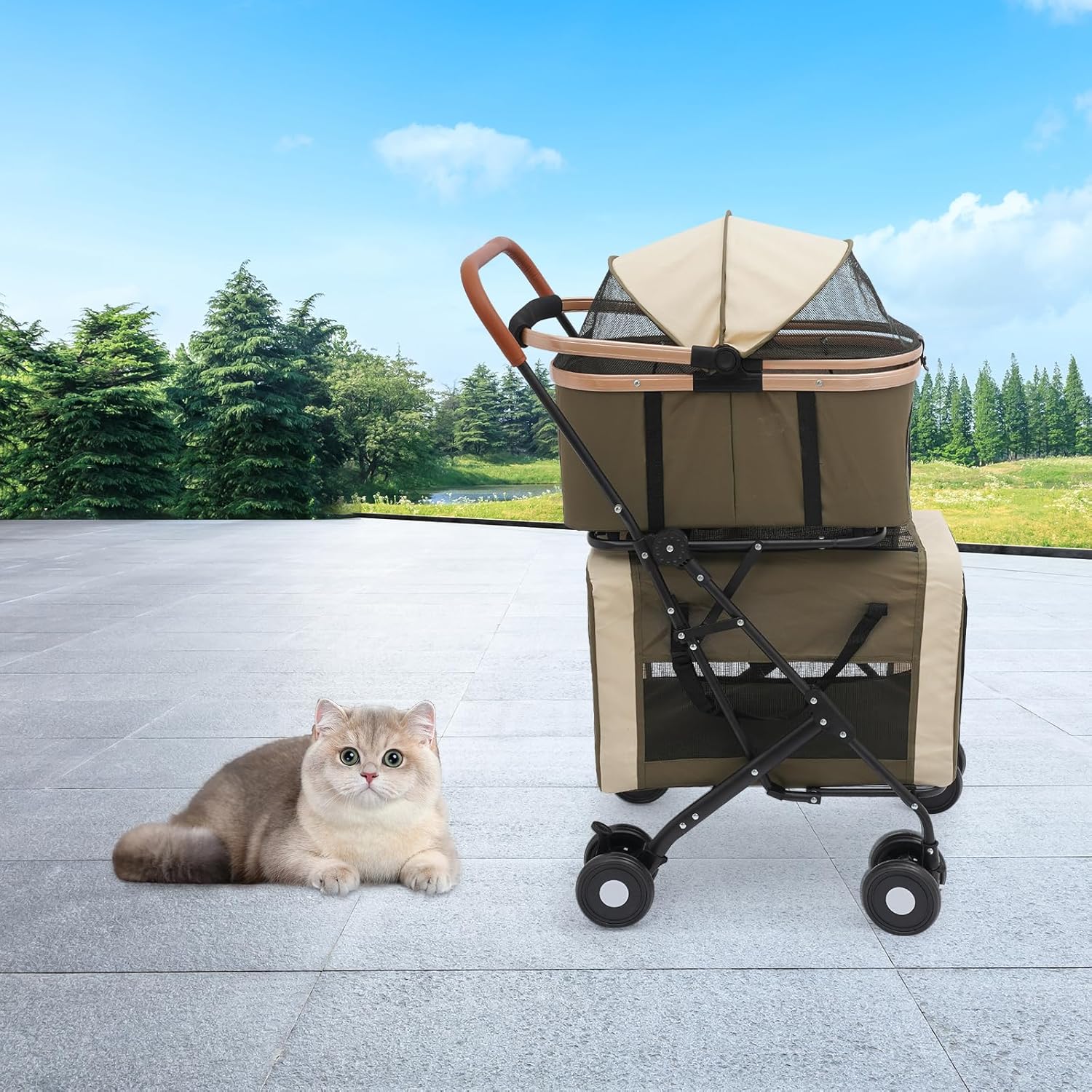 Foldable Pet Stroller for Small & Medium Dogs, Double Dog & Cat Stroller with 3-in-1 Travel System, Detachable Pet Carrier with Wheels for Cats and Dogs up to 77 lbs, Dark Green - Pawvie