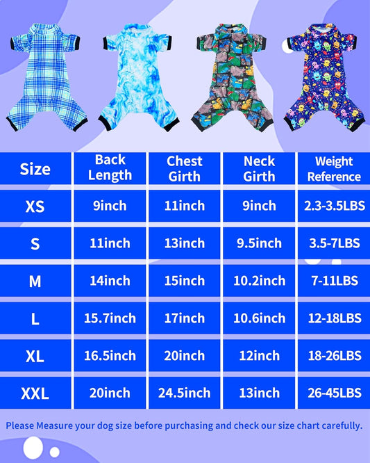 PET SHOW 4 Pack Small Dog Pajamas Cute Dinosaur Monster Clothes for Medium Dogs Soft Stretchy PJs Plaid Jumpsuit Puppy Cats Tie Dye Onesies Outfits with Sleeve Pets Dachshund Costume(S, Blue for Boys)