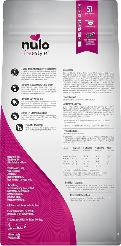 Nulo Freestyle High Protein Cat & Kitten Food, Chicken & Cod Recipe - Natural Grain-Free Dry Cat Food with Omega Fatty Acids & Probiotics, 2 lb Bag