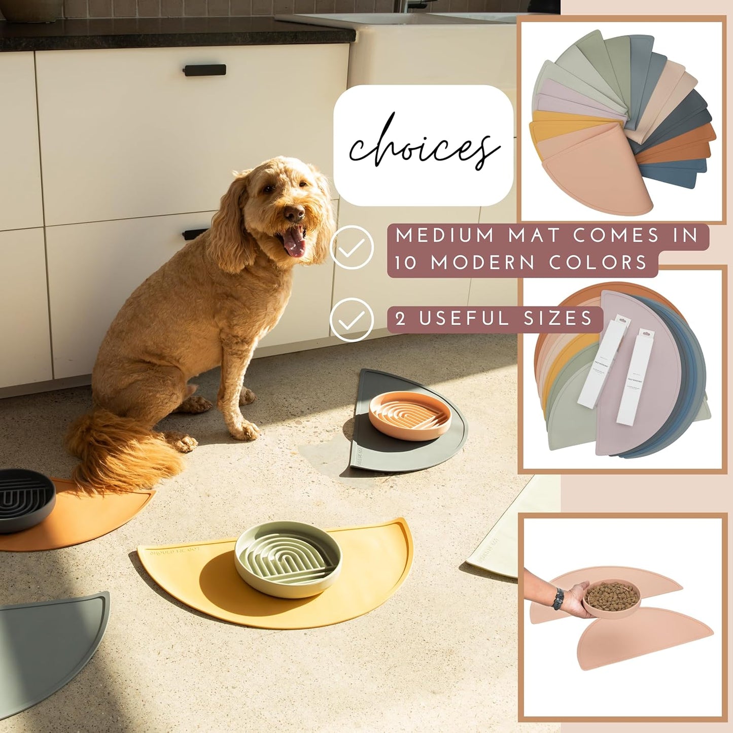 Waterproof Silicone Pet Food Mat - Non-Slip, Spill-Proof Feeding Mats for Floors, Raised Edge Design, Easy-to-Clean Mat for Dog & Cat Bowls, 21" Across x 10.5" Deep, Medium-Natural Sand