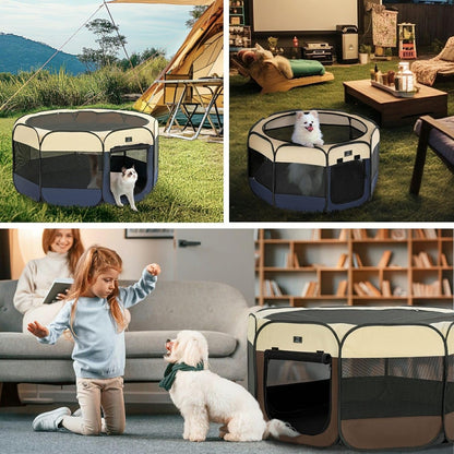A 4 Pet Portable Dog Playpen, 49” Playpen for Dogs with Bowl, Suitable for Puppies, Kittens, and Small Animals, Removable Zipper & Mesh Panel(19”W × 12”H)