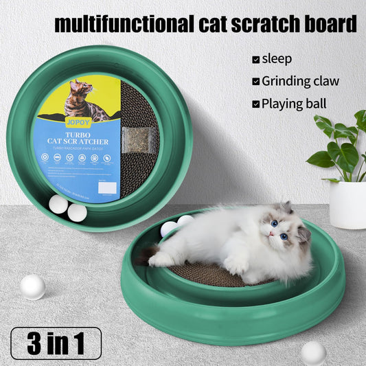 Interactive Cat Scratcher with Two Rotating Balls,Durable Scratch Pad for Indoor Play,Cardboard Cat Scratcher Pad with Cat Toy Ball Track and Catnip,2-in-1 Cat Toy (Green)