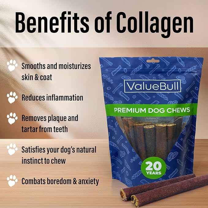 ValueBull Collagen Sticks for Dogs, 6 Inch Thick Chews, Natural Long-Lasting Dog Treats, 100 Count Bulk Pack - Supports Joints, Skin & Coat with Chondroitin & Glucosamine