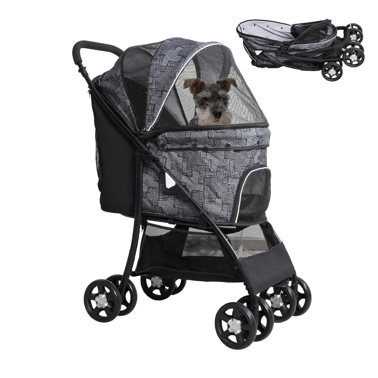 Lightweight Pet Stroller for Small/Medium Dogs and Cats - Foldable Travel Carriage with Storage Basket, Breathable Mesh & 4 Wheels - Up to 33 lbs – Black - Pawvie