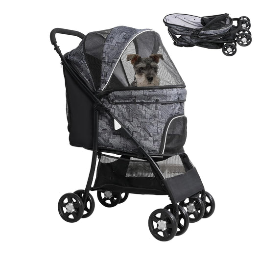 Lightweight Pet Stroller for Small/Medium Dogs and Cats - Foldable Travel Carriage with Storage Basket, Breathable Mesh & 4 Wheels - Up to 33 lbs – Black - Pawvie