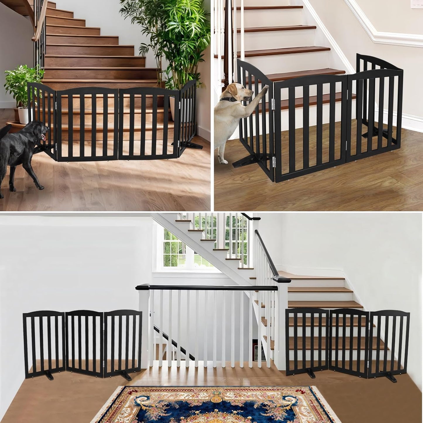ZJSF Foldable Freestanding Indoor Dog Gate for House Wood White Long Pet Gates Dog Fence for Stairs Puppy Gates for Hallways, Puppy Gate,Support Feet Included, Black, 24 "Height-6 Panels