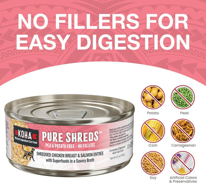 KOHA Pure Shreds Chicken and Salmon Entrée for Cats, High Protein Wet Cat Food, 2.8oz Cans (Pack of 24)