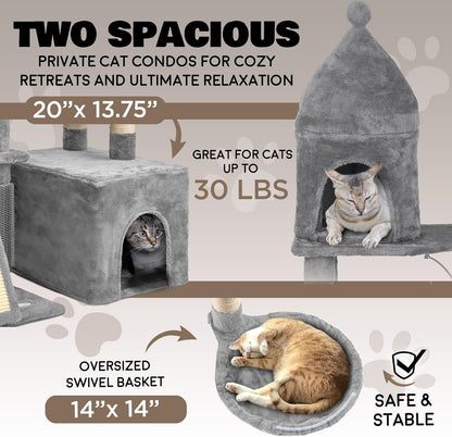 Large Cat Tree Tower for Large Cats, Cat Scratching Post, Self Grooming Post, Interactive Cat Toys, Oversized Perch and Basket, Heavy Duty 72", Light Grey