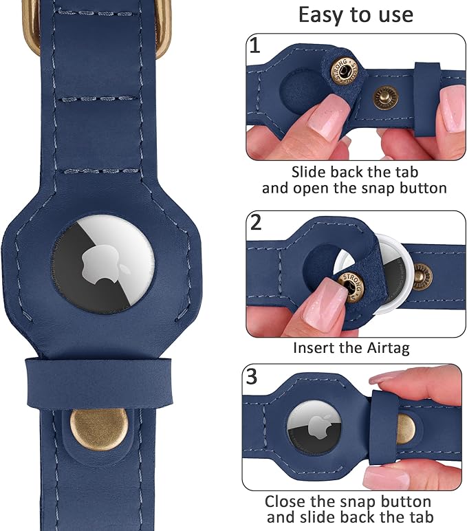 AirTag Dog Collar - Genuine Leather Dog Collar with Apple AirTag Holder and Metal Buckle - Smart GPS Tracking Pet Collars (Smoky Blue, S, 12"-15" Neck Fit) (Smoky Blue, XS, 9"-12" Neck Fit)