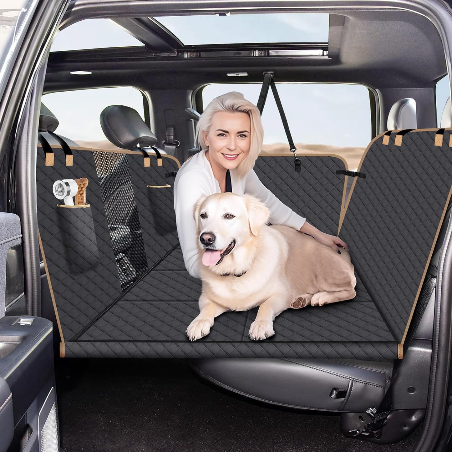 Dog Car Seat Cover for Back Seat, Larger Dog Car Bed Cover with Hard Bottom, Backseat Extender Hammock for Full SizeTruck/SUV 8 Panels - Black - Pawvie