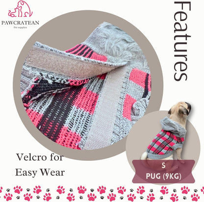 Cute Sweater for Dogs and Cats Soft Flannel Pet Outfit Warm and Cozy Animal Hoodie Small to Large Pet Clothes for Halloween Parties and Everyday Wear (Large, Pink Checkered with Hat)