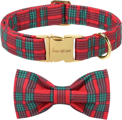 Unique Style Paws Christmas Dog Collar with Bow Red Green Plaid Cotton Puppy Collars for Small Medium Large Dogs
