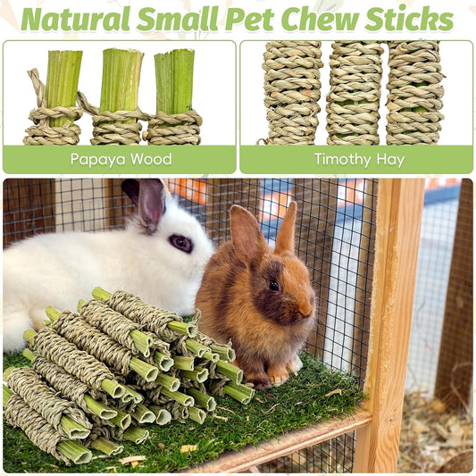 Fhiny 24 PCS Rabbit Chew Sticks, Natural Papaya Wood Seagrass Guinea Pig Chew Toys for Teeth Small Animal Molar Sticks Snacks for Bunny Guinea Pig Chinchilla Ferret Hamster Gerbil Dental Care