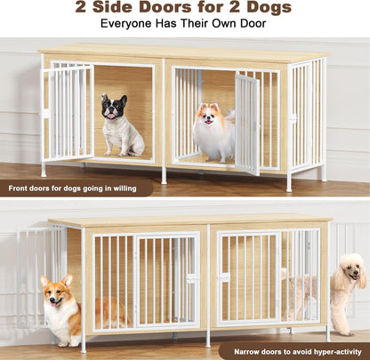 EasyCom 63" Dog Cage Furniture for 2 Pets with Divider, XL Wooden Double Dog Crate Furniture TV Stand for Mideum Breed, Durable and Sturdy